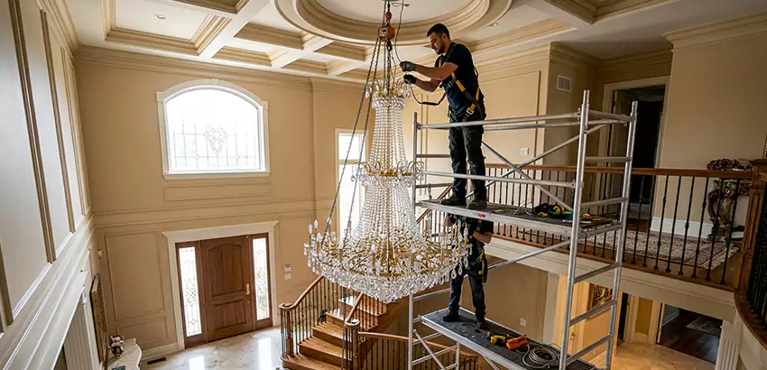 Two-Story Foyer Chandelier Installation in Billerica